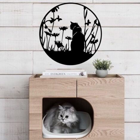(Gatto nero, 40x40) Decorazione murale in metallo raffigurante l'Albero della Vita, silhouette artistica, regalo per interni/esterni, decorazione per giardino e casa