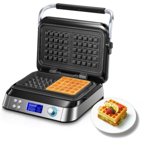 Gaufrier 1600 W, gaufres belges doubles, 5 programmes, 7 niveaux de brunissage, écran LCD, minuterie, argenté