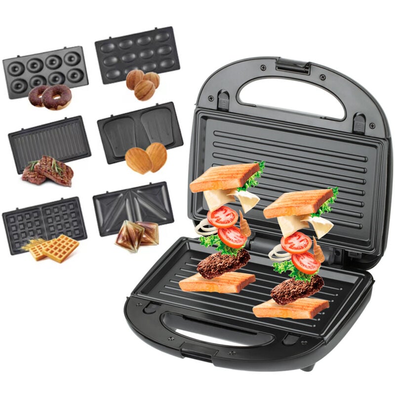 Sjlerst - Gaufrier Multifonction, Croque Monsieur Multifonction 6 en 1 Grande Puissance de 850W, Noir