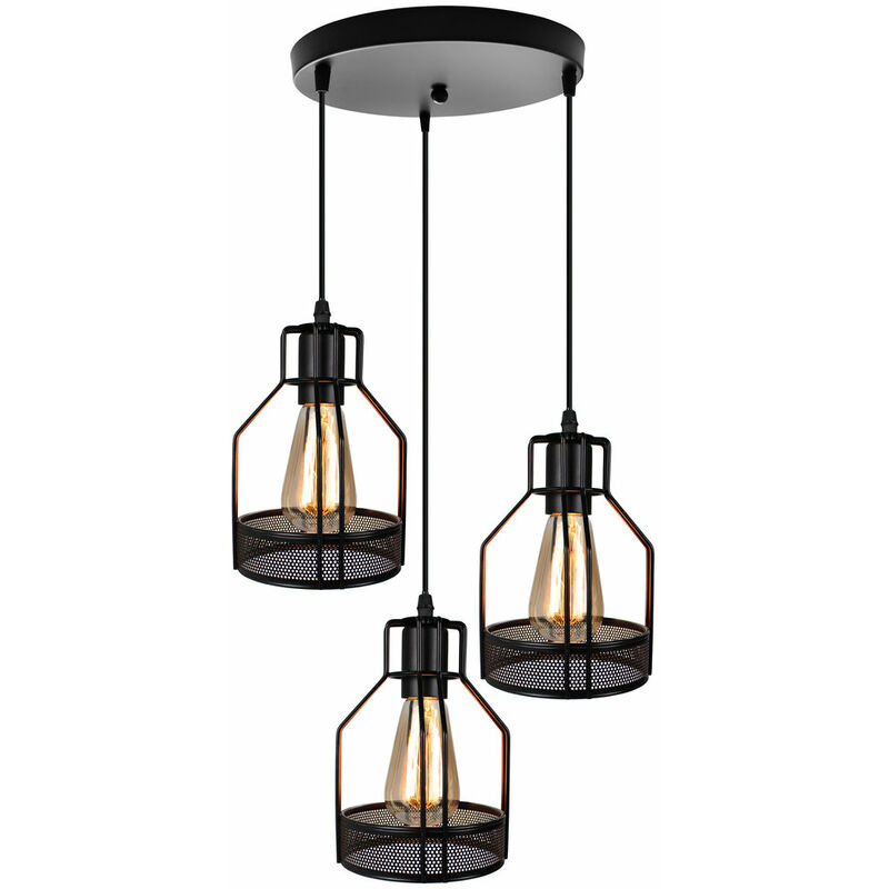 Gauze Retro Pendant Light Creative Birdcage Pendant Lamp 3 Lights Vintage Industrial Hanging Light for Bedroom Cafe Bar Club Black