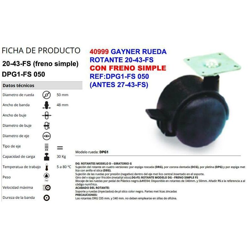 

gayner rueda 20-43fs ref dpg1 050-fs con freno (antes 27-43fs) - Mibricotienda