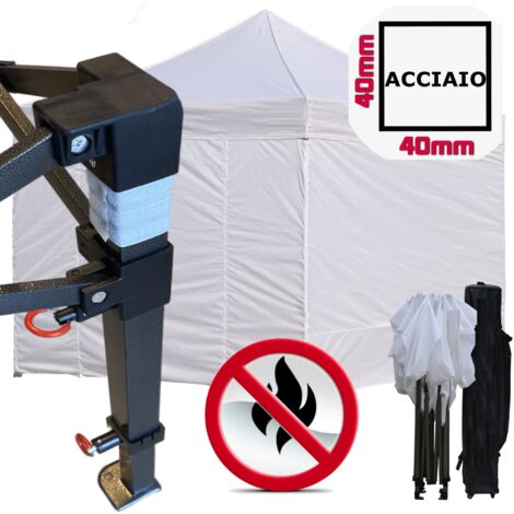 Gazebo 2x2m bianco certificato IGNIFUGO pieghevole portatile estendibile richiudibile estensibile acciaio con laterali per fiere eventi stand chiosco tenda tendone mercato mercatino