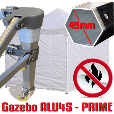Gazebo 3x3 m bianco certificato IGNIFUGO pieghevole alluminio piantone esagonale 45mm portatile estendibile richiudibile estensibile acciaio con laterali per fiere eventi stand chiosco tenda tendone m