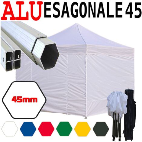 Gazebo 3x3 m bianco pieghevole alluminio piantone esagonale 45mm portatile estendibile richiudibile estensibile acciaio con laterali per fiere eventi stand chiosco tenda tendone mercato mercatino
