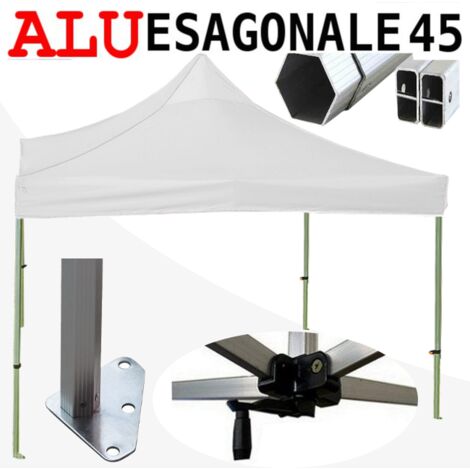 Gazebo 3x3 m bianco SENZA laterali pieghevole alluminio piantone esagonale 45mm portatile estendibile richiudibile estensibile acciaio per fiere eventi stand chiosco tenda tendone mercato mercatino