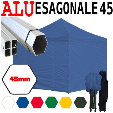 Gazebo 3x3 m blu pieghevole alluminio piantone esagonale 45mm portatile estendibile richiudibile estensibile acciaio con laterali per fiere eventi stand chiosco tenda tendone mercato mercatino