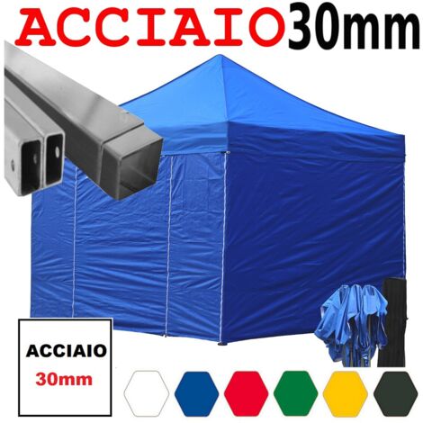 Gazebo 3x3 m blu pieghevole portatile estendibile richiudibile estensibile acciaio con laterali per fiere eventi stand chiosco tenda tendone mercato mercatino