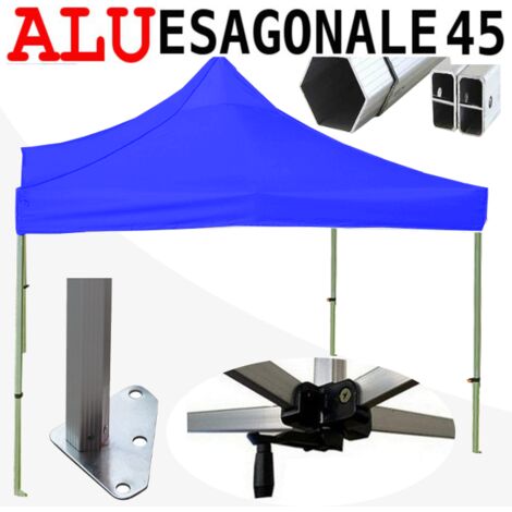 Gazebo 3x3 m blu SENZA laterali pieghevole alluminio piantone esagonale 45mm portatile estendibile richiudibile estensibile acciaio per fiere eventi stand chiosco tenda tendone mercato mercatino