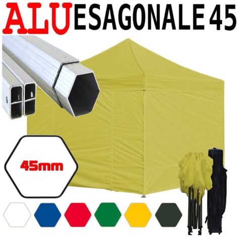 Gazebo 3x3 m giallo pieghevole alluminio piantone esagonale 45mm portatile estendibile richiudibile estensibile acciaio con laterali per fiere eventi stand chiosco tenda tendone mercato mercatino