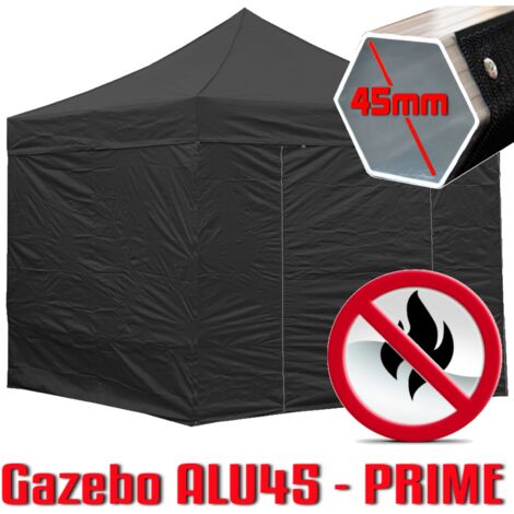 Gazebo 3x3 m nero certificato IGNIFUGO pieghevole alluminio piantone esagonale 45mm portatile estendibile richiudibile estensibile acciaio con laterali per fiere eventi stand chiosco tenda tendone mer