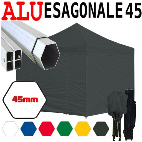 Gazebo 3x3 m nero pieghevole alluminio piantone esagonale 45mm portatile estendibile richiudibile estensibile acciaio con laterali per fiere eventi stand chiosco tenda tendone mercato mercatino