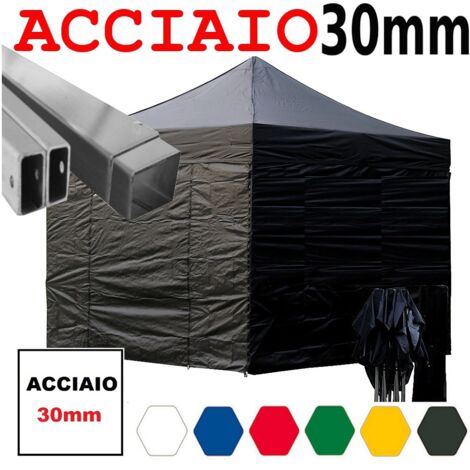 Gazebo 3x3 m nero pieghevole portatile estendibile richiudibile estensibile acciaio con laterali per fiere eventi stand chiosco tenda tendone mercato mercatino