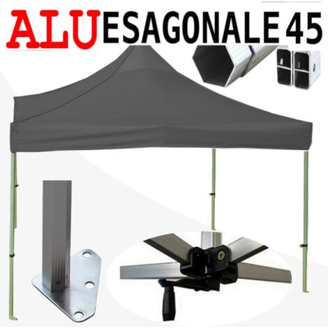 Gazebo 3x3 m nero SENZA laterali pieghevole alluminio piantone esagonale 45mm portatile estendibile richiudibile estensibile acciaio per fiere eventi stand chiosco tenda tendone mercato mercatino