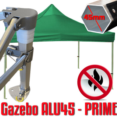 Gazebo 3x3 m verde certificato IGNIFUGO SENZA laterali pieghevole alluminio piantone esagonale 45mm portatile estendibile richiudibile estensibile acciaio per fiere eventi stand chiosco tenda tendone 