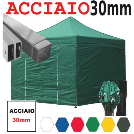 Gazebo 3x3 m verde pieghevole portatile estendibile richiudibile estensibile acciaio con laterali per fiere eventi stand chiosco tenda tendone mercato mercatino