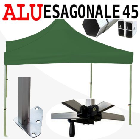 Gazebo 3x3 m verde SENZA laterali pieghevole alluminio piantone esagonale 45mm portatile estendibile richiudibile estensibile acciaio per fiere eventi stand chiosco tenda tendone mercato mercatino