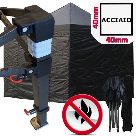 Gazebo 3x3m nero certificato IGNIFUGO pieghevole portatile estendibile richiudibile estensibile acciaio con laterali per fiere eventi stand chiosco tenda tendone mercato mercatino