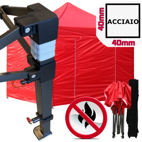 Gazebo 3x3m rosso certificato IGNIFUGO pieghevole portatile estendibile richiudibile estensibile acciaio con laterali per fiere eventi stand chiosco tenda tendone mercato mercatino