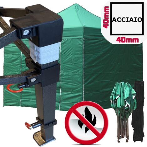 Gazebo 3x3m verde certificato IGNIFUGO pieghevole portatile estendibile richiudibile estensibile acciaio con laterali per fiere eventi stand chiosco tenda tendone mercato mercatino