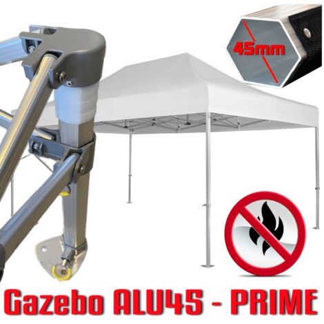 Gazebo 3x4,5 m bianco certificato IGNIFUGO SENZA laterali pieghevole alluminio piantone esagonale 45mm portatile estendibile richiudibile estensibile acciaio per fiere eventi stand chiosco tenda tendo