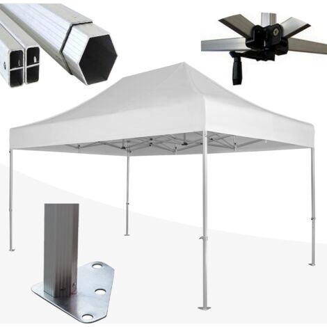 Gazebo 3x4,5 m bianco SENZA laterali pieghevole alluminio piantone esagonale 45mm portatile estendibile richiudibile estensibile acciaio per fiere eventi stand chiosco tenda tendone mercato mercatino