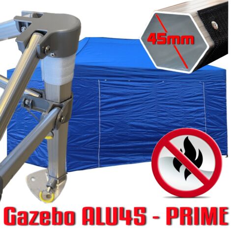 Gazebo 3x4,5 m blu certificato IGNIFUGO pieghevole alluminio piantone esagonale 45mm portatile estendibile richiudibile estensibile acciaio con laterali per fiere eventi stand chiosco tenda tendone me