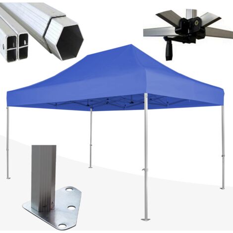 Gazebo 3x4,5 m blu SENZA laterali pieghevole alluminio piantone esagonale 45mm portatile estendibile richiudibile estensibile acciaio per fiere eventi stand chiosco tenda tendone mercato mercatino
