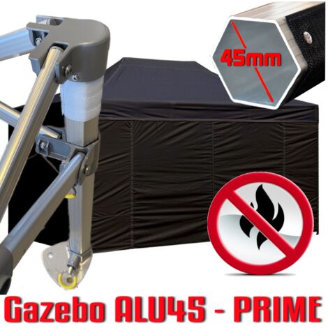 Gazebo 3x4,5 m nero certificato IGNIFUGO pieghevole alluminio piantone esagonale 45mm portatile estendibile richiudibile estensibile acciaio con laterali per fiere eventi stand chiosco tenda tendone m