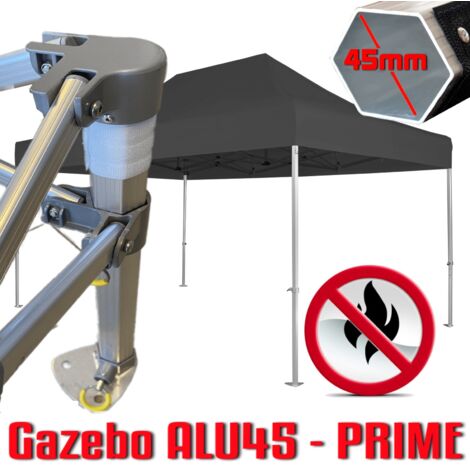 Gazebo 3x4,5 m nero certificato IGNIFUGO SENZA laterali pieghevole alluminio piantone esagonale 45mm portatile estendibile richiudibile estensibile acciaio per fiere eventi stand chiosco tenda tendone