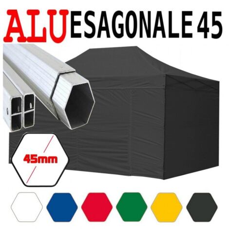 Gazebo 3x4,5 m nero pieghevole alluminio piantone esagonale 45mm portatile estendibile richiudibile estensibile acciaio con laterali per fiere eventi stand chiosco tenda tendone mercato mercatino