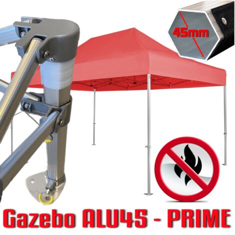 Gazebo 3x4,5 m rosso certificato IGNIFUGO SENZA laterali pieghevole alluminio piantone esagonale 45mm portatile estendibile richiudibile estensibile acciaio per fiere eventi stand chiosco tenda tendon