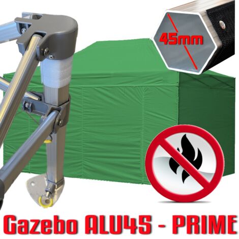 Gazebo 3x4,5 m verde certificato IGNIFUGO pieghevole alluminio piantone esagonale 45mm portatile estendibile richiudibile estensibile acciaio con laterali per fiere eventi stand chiosco tenda tendone 