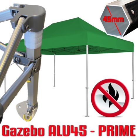 Gazebo 3x4,5 m verde certificato IGNIFUGO SENZA laterali pieghevole alluminio piantone esagonale 45mm portatile estendibile richiudibile estensibile acciaio per fiere eventi stand chiosco tenda tendon