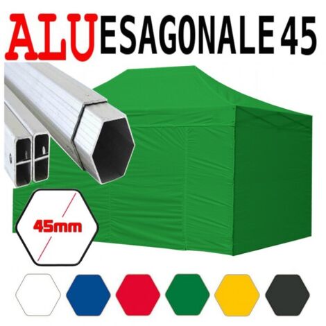 Gazebo 3x4,5 m verde pieghevole alluminio piantone esagonale 45mm portatile estendibile richiudibile estensibile acciaio con laterali per fiere eventi stand chiosco tenda tendone mercato mercatino