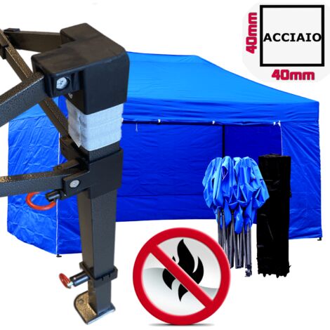Gazebo 3x4,5m blu certificato IGNIFUGO pieghevole portatile estendibile richiudibile estensibile acciaio con laterali per fiere eventi stand chiosco tenda tendone mercato mercatino