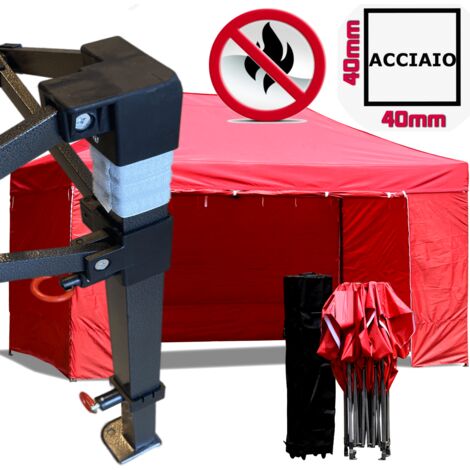 Gazebo 3x4,5m rosso certificato IGNIFUGO pieghevole portatile estendibile richiudibile estensibile acciaio con laterali per fiere eventi stand chiosco tenda tendone mercato mercatino