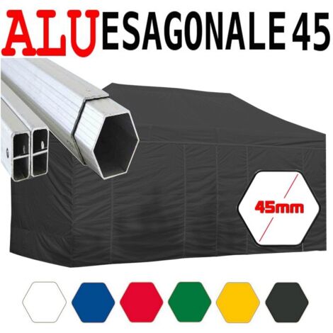 Gazebo 3X6 m nero pieghevole alluminio piantone esagonale 45mm portatile estendibile richiudibile estensibile acciaio con laterali per fiere eventi stand chiosco tenda tendone mercato mercatino