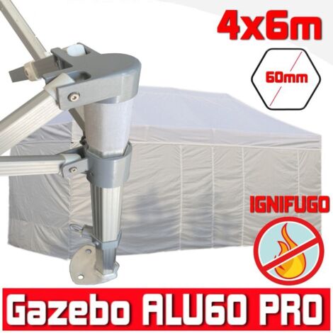 Gazebo 4x6 m bianco certificato IGNIFUGO pieghevole alluminio piantone esagonale 60mm portatile estendibile richiudibile estensibile acciaio con laterali per fiere eventi stand chiosco tenda tendone m