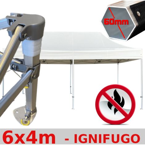 Gazebo 4x6 m bianco certificato IGNIFUGO SENZA laterali pieghevole alluminio piantone esagonale 60mm portatile estendibile richiudibile estensibile acciaio per fiere eventi stand chiosco tenda tendone