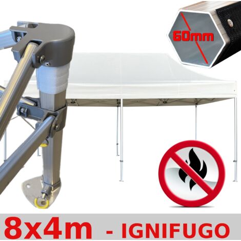 Gazebo 4x8 m bianco certificato IGNIFUGO SENZA laterali pieghevole alluminio piantone esagonale 60mm portatile estendibile richiudibile estensibile acciaio per fiere eventi stand chiosco tenda tendone