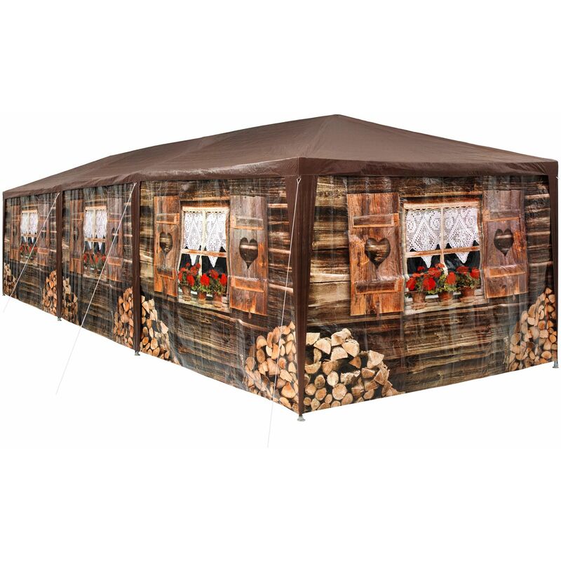 Gazebo log cabin 9x3m with 8 side panels - garden gazebo, gazebo with sides, camping gazebo - brown