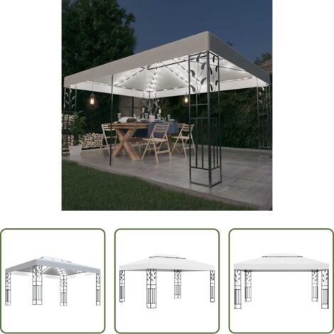 Gazebo all'aperto -  Gazebo con Tetto Doppio e Stringa di Luci LED 3x4 m Bianco