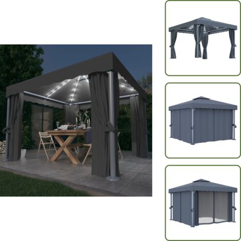 Gazebo antracite - vidaXL Gazebo con Tende e Stringa di Luci LED 3x3 m Antracite - Gazebo con tetto a doppio livello