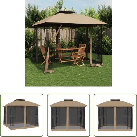 Gazebo con pareti in rete - Gazebo con Tetto Doppio/Pareti Rete Tortora 2,94x2,94 m Acciaio