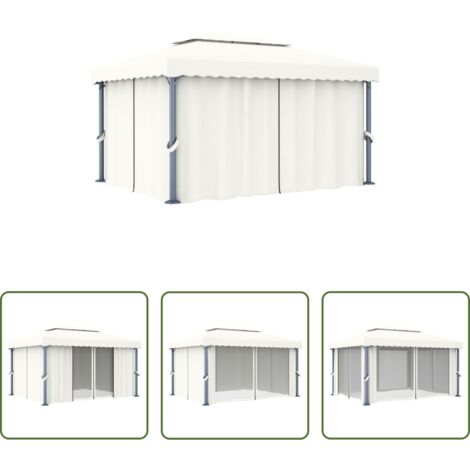 Gazebo con tende -  Gazebo con Tende 4x3 cm Bianco Crema Alluminio