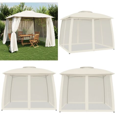 Gazebo con Tetto Doppio e Pareti Rete Crema 2,93x2,93 m Acciaio - Gazebo con pareti in rete - Gazebo esterno