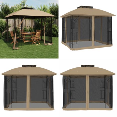 Gazebo con Tetto Doppio/Pareti Rete Tortora 2,94x2,94 m Acciaio - Gazebo con pareti in rete - Gazebo esterno