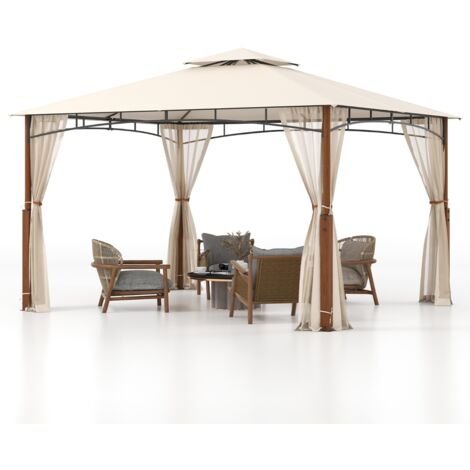 Gazebo da esterno 3,6x3m con reti tetto a doppio strato telaio metallico, Rifugio solare impermeabile per patio Beige