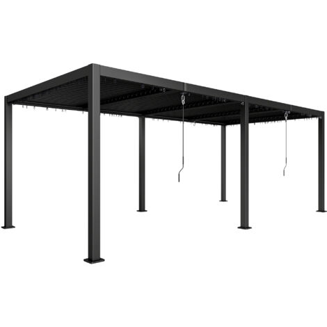Gazebo da esterno a pergola 3 x 6 m con lamelle azionabili a manovella e tetto regolabile in alluminio grigio scuro con ganci.