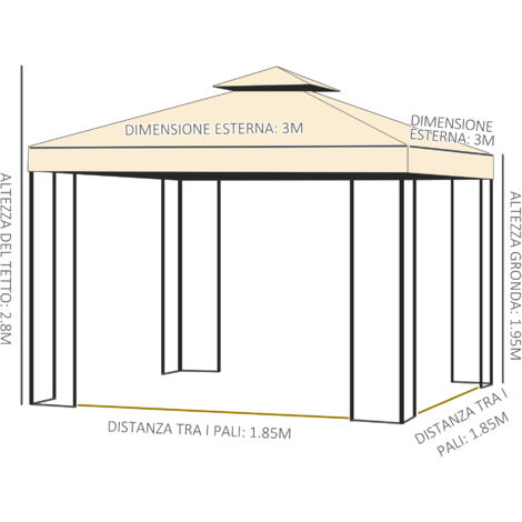 Gazebo da Esterno o Giardino 3x3m con Zanzariera, Telaio in Acciaio e Doppio Tettuccio, Beige
